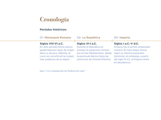 Cronología
Siglos VIII-VI a.C.
En este período Roma estuvo
gobernada por reyes de origen
latino y etrusco. Además, el
Lacio se convirtió en la ciudad
más poderosa de la región.
https://www.romaimperial.com/fundacion-de-roma/
Períodos históricos:
01- Monarquía Romana
Siglos VI-I a.C.
Durante la República se
produjo la expansión romana
por el mar Mediterráneo, desde
la península Ibérica hasta las
provincias de Oriente Próximo.
02- La República
Siglos I a.C.-V d.C.
Octavio fue el primer emperador
romano. En esta etapa, Roma
logró su máxima expansión
territorial, sin embargo, a partir
del siglo III d.C. el Imperio entró
en decadencia.
03- Imperio
 