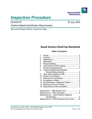 Inspection Procedure
00-SAIP-07 30 July, 2003
Positive Material Identification Requirements
Document Responsibility: Inspection Dept.
Saudi Aramco DeskTop Standards
Table of Contents
1 Scope............................................................ 2
2 Purpose......................................................... 2
3 References.................................................... 2
4 Definitions..................................................... 3
5 Responsibilities............................................. 3
6 Instrument for PMI Analysis.......................... 3
7 Personal Qualifications................................. 4
8 Positive Material Identification
General Requirements............................ 4
9 Alloy Items Subject to PMI............................ 5
10 Extent of Verification..................................... 5
11 Elements for Verification............................... 5
12 Acceptance Criteria....................................... 5
13 Re-Verification / Rejection Criteria................ 5
14 Marking and Color Coding............................ 6
15 Reporting and Documentation...................... 6
Attachment I – PMI Report Form......................... 7
Attachment II – PMI Log Sheet........................... 8
Attachment III – Color Code for Material
Identification........................................... 9
Attachment IV– PMI Procedure Flow Chart....... 10
Previous Issue: 30 June, 2003 Next Planned Update: 1 July, 2008
Revised paragraphs are indicated in the right margin Page 1 of 10
 