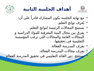 ‫مسودة‬ 12
‫أهداف‬
‫الثانية‬ ‫الجلسة‬
•
‫أن‬ ‫على‬ ً‫قادرا‬ ‫المشارك‬ ‫يكون‬ ‫الجلسة‬ ‫نهاية‬ ‫مع‬
:
•
.‫التعلم‬ ‫نواتج‬ ‫عرف‬ُ‫ي‬
•
.‫التعلم‬ ‫لنواتج‬ ‫الرئيسة‬ ‫المجاالت‬ ‫يستنتج‬
•
‫و‬ ‫الدراسية‬ ‫للمواد‬ ‫المعرفية‬ ‫البنية‬ ‫مجال‬ ‫بين‬ ‫يفرق‬
‫المؤسسة‬ ‫ترغب‬ ‫التى‬ ‫والمجاالت‬ ‫العامة‬ ‫المجاالت‬
.‫تحقيقها‬ ‫فى‬ ‫التعليمية‬
•
.‫الفعالة‬ ‫المدرسة‬ ‫يعرف‬
•
.‫الفعالة‬ ‫المدرسة‬ ‫مجاالت‬ ‫يعرف‬
•
‫الفعالة‬ ‫المدرسة‬ ‫تحقيق‬ ‫في‬ ‫التعليمي‬ ‫القائد‬ ‫دور‬ ‫يستنتج‬
 