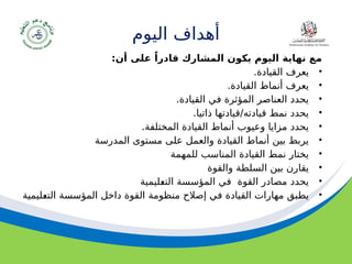 ‫مسودة‬ 30
‫اليوم‬ ‫أهداف‬
:‫أن‬ ‫على‬ ً‫قادرا‬ ‫المشارك‬ ‫يكون‬ ‫اليوم‬ ‫نهاية‬ ‫مع‬
•
.‫القيادة‬ ‫يعرف‬
•
.‫القيادة‬ ‫أنماط‬ ‫يعرف‬
•
.‫القيادة‬ ‫في‬ ‫المؤثرة‬ ‫العناصر‬ ‫يحدد‬
•
.‫ذاتيا‬ ‫قيادتها‬/‫قيادته‬ ‫نمط‬ ‫يحدد‬
•
.‫المختلفة‬ ‫القيادة‬ ‫أنماط‬ ‫وعيوب‬ ‫مزايا‬ ‫يحدد‬
•
‫المدرسة‬ ‫مستوى‬ ‫على‬ ‫والعمل‬ ‫القيادة‬ ‫أنماط‬ ‫بين‬ ‫يربط‬
•
‫للمهمة‬ ‫المناسب‬ ‫القيادة‬ ‫نمط‬ ‫يختار‬
•
‫والقوة‬ ‫السلطة‬ ‫بين‬ ‫يقارن‬
•
‫[ليمية‬
‫ع‬‫الت‬ ‫المؤسسة‬ ‫في‬ ‫القوة‬ ‫مصادر‬ ‫يحدد‬
•
‫[ليمية‬
‫ع‬‫الت‬ ‫المؤسسة‬ ‫داخل‬ ‫القوة‬ ‫منظومة‬ ‫إصالح‬ ‫في‬ ‫القيادة‬ ‫مهارات‬ ‫يطبق‬
 