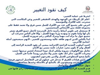 ‫مسودة‬ 85
‫التغيير‬ ‫نقود‬ ‫كيف‬
•
،‫التغيير‬ ‫عملية‬ ‫في‬ ‫انخرط‬
•
‫التي‬ ‫المكاسب‬ ‫وعن‬ ‫للتغيير‬ ‫الحقيقي‬ ‫والهدف‬ ‫الوجهة‬ ‫عن‬ ‫الزمالء‬ ‫كل‬ ‫اعلم‬
‫وللمؤسسة‬ ‫لألفراد‬ ‫عليه‬ ‫ستترتب‬
•
‫على‬ ‫فقط‬ ‫تعتمد‬ ‫وال‬ ‫فرق‬ ‫ضمن‬ ‫للعمل‬ ‫األفراد‬ ‫من‬ ‫عدد‬ ‫أكبر‬ ‫تجميع‬ ‫على‬ ‫احرص‬
.‫المتحمسين‬ ‫األشخاص‬ ‫متن‬ ‫قليلة‬ ‫مجموعة‬
•
‫تشعر‬ ‫الفرق‬ ‫جميع‬ ‫(اجعل‬ ‫المدرسة‬ ‫داخل‬ ‫رأسية‬ ‫أنماط‬ ‫تكوين‬ ‫في‬ ‫تستعجل‬ ‫ال‬
‫أن‬ ‫سترغب‬ ‫الناس‬ ‫فان‬ ‫وإال‬ ، ‫للعمل‬ ‫مهما‬ ‫وزنا‬ ‫وتؤديه‬ ‫به‬ ‫تقوم‬ ‫ولما‬ ‫لها‬ ‫بأن‬
.‫للعمل‬ ‫ضرورته‬ ‫رغم‬ ‫الباقي‬ ‫وتترك‬ ‫مهما‬ ‫أنت‬ ‫تراه‬ ‫ما‬ ‫حول‬ ‫تتجمع‬
•
‫أمثلة‬ ‫سيصبحون‬ ‫ألنهم‬ ، ‫للتغيير‬ ‫ومستعدون‬ ‫عالية‬ ‫طاقة‬ ‫لديهم‬ ‫الذين‬ ‫بالناس‬ ‫ابدأ‬
.‫لآلخرين‬ ‫ايجابية‬
•
‫إلى‬ ‫الراجعة‬ ‫التغذية‬ ‫تقود‬ ‫أن‬ ‫بمعنى‬ ‫اإلجرائية‬ ‫الراجعة‬ ‫التغذية‬ ‫أسلوب‬ ‫اعتمد‬
.‫األيام‬ ‫مع‬ ‫تنسى‬ ‫عامة‬ ‫عبارات‬ ‫مجرد‬ ‫تكون‬ ‫ال‬ ‫وان‬ ‫أفعال‬
•
‫حسب‬ ‫ترتيبها‬ ‫لتغيير‬ ‫استعداد‬ ‫دوما‬ ‫لديك‬ ‫وليكن‬ ‫بمرونة‬ ‫األولويات‬ ‫مع‬ ‫تعامل‬
.‫العمل‬ ‫في‬ ً‫عاديا‬ ً‫روتينا‬ ‫تمارس‬ ‫وال‬ ‫تغيير‬ ‫تقود‬ ‫انك‬ ‫تذكر‬ ،‫األمور‬ ‫مجريات‬
•
،‫أنفسهم‬ ‫يقترحون‬ ‫والذين‬ ‫للعمل‬ ‫المتطوعين‬ ‫شجع‬ ‫دائما‬
•
‫فرصة‬ ‫امنحهم‬ ‫التفاصيل‬ ‫في‬ ‫أو‬ ‫عملهم‬ ‫في‬ ‫تتدخل‬ ‫ال‬ ‫للفرق‬ ‫قيادات‬ ‫تعيين‬ ‫عند‬
.‫تساعدهم‬ ‫وعندها‬ ‫باألسئلة‬ ‫أو‬ ‫بالنتائج‬ ‫لك‬ ‫وسيعودون‬ ‫والتجريب‬ ‫للعمل‬
•
‫والتواصل‬ ‫االتصال‬ ‫عملية‬ ‫سهل‬
•
‫في‬ ‫قلتها‬ ‫رغم‬ ‫النجاحات‬ ‫عن‬ ‫تحدث‬ ،‫المعنويات‬ ‫ترفع‬ ‫التي‬ ‫الراجعة‬ ‫التغذية‬ ‫قدم‬
‫البداية‬
 