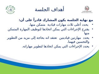 ‫مسودة‬ 94
‫الجلسة‬ ‫أهداف‬
:‫أن‬ ‫على‬ ً‫قادرا‬ ‫المشارك‬ ‫يكون‬ ‫الجلسة‬ ‫نهاية‬ ‫مع‬
•
.‫منها‬ ‫متمكن‬ ‫قيادية‬ ‫مهارات‬ ‫ثالث‬ ‫أعلى‬ ‫يحدد‬
•
‫المتمكن‬ ‫المهارة‬ ‫لتوظيف‬ ‫اتخاذها‬ ‫يمكن‬ ‫التي‬ ‫اإلجراءات‬ ‫يقترح‬
‫منها‬
•
‫التطوير‬ ‫من‬ ‫مزيد‬ ‫إلى‬ ‫بحاجة‬ ‫انه‬ ‫تعتقد‬ ‫قياديتين‬ ‫مهارتين‬ ‫يحدد‬
.‫فيهما‬ ‫والتحسين‬
•
.‫مهاراته‬ ‫لتطوير‬ ‫اتخاذها‬ ‫يمكن‬ ‫التي‬ ‫اإلجراءات‬ ‫يحدد‬
 