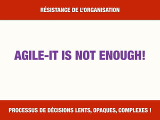 PROCESSUS DE DÉCISIONS LENTS, OPAQUES, COMPLEXES !
RÉSISTANCE DE L’ORGANISATION
AGILE-IT IS NOT ENOUGH!
 