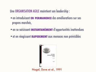 Une ORGANISATION AGILE maintient son leadership :
•en introduisant EN PERMANENCE des améliorations sur ses
propres marchés,
•en se saisissant INSTANTANÉMENT d’opportunités inattendues
•et en réagissant RAPIDEMENT aux menaces non prévisibles
Nagel, Dove et al., 1991
 