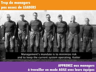 Trop de managers
pas assez de LEADERS
APPRENEZ aux managers  
à travailler en mode AGILE avec leurs équipes
Management’s mandate is to minimize risk  
and to keep the current system operating. Kotter
 