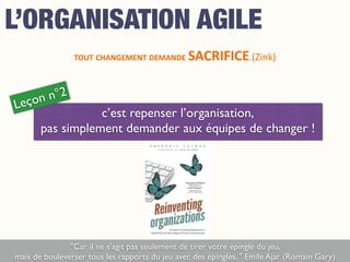 c’est repenser l’organisation,
pas simplement demander aux équipes de changer !
Leçon n°2
TOUT  CHANGEMENT  DEMANDE  SACRIFICE.(Zink)	
  
"Car il ne s'agit pas seulement de tirer votre épingle du jeu,
mais de bouleverser tous les rapports du jeu avec des épingles. " Emile Ajar (Romain Gary)
L’ORGANISATION AGILE
 