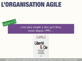 c’est plus simple à dire qu’à faire,
sinon depuis 1991…
Leçon n°5
L’ORGANISATION AGILE
"agility seems to have supplanted all other buzz-words for frequency of usage ." Rick Dove 1992
 