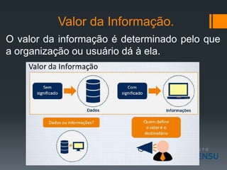 Valor da Informação.
O valor da informação é determinado pelo que
a organização ou usuário dá à ela.
 