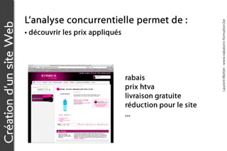 L’a n a l y s e c o n c u r r e n t ie l l e p e r m e t d e :




                                                                                           Laurent Mottet - www.nakatomi-formation.be
Création d’un site Web
                         • découvrir les prix appliqués




                                                              rabais
                                                              prix htva
                                                              livraison gratuite
                                                              réduction pour le site
                                                              ...
 