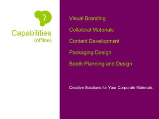 Capabilities (offline) Visual Branding Collateral Materials Content Development Packaging Design Booth Planning and Design Creative Solutions for Your Corporate Materials 7 