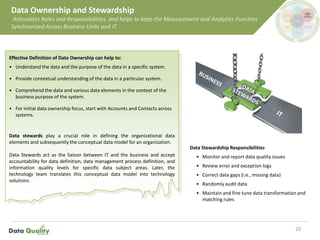 Data Ownership and Stewardship
Articulates Roles and Responsibilities, and helps to keep the Measurement and Analytics Function
Synchronized Across Business Units and IT.
23
Effective Definition of Data Ownership can help to:
• Understand the data and the purpose of the data in a specific system.
• Provide contextual understanding of the data in a particular system.
• Comprehend the data and various data elements in the context of the
business purpose of the system.
• For initial data ownership focus, start with Accounts and Contacts across
systems.
Data stewards play a crucial role in defining the organizational data
elements and subsequently the conceptual data model for an organization.
Data Stewards act as the liaison between IT and the business and accept
accountability for data definition, data management process definition, and
information quality levels for specific data subject areas. Later, the
technology team translates this conceptual data model into technology
solutions.
Data Stewardship Responsibilities
• Monitor and report data quality issues
• Review error and exception logs
• Correct data gaps (i.e., missing data)
• Randomly audit data
• Maintain and fine tune data transformation and
matching rules
 