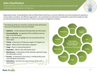 Data Classification
Clearly identifies the information and how to progress towards improved data quality/control and
underlying material factors of influence.
27
Organizational data (including Master Data and Meta Data) should have a common definition across the enterprise to operate as
a truly unified, consistent, and efficient organization. Our comprehensive Information classifications and Control model can help
you identify and prioritize the execution of various information management initiatives
“Information
Classification and
Control Model”
Attributes of Information
Definition
Accuracy/
Quality
Risk
Timing
Source
Usage
Disposition
Maintenance
Security
Redundancy
The following attributes should be considered while defining the
Information Classification and Control Model:
 Definition - A brief statement that describes the information
 Accuracy/Quality - An appraisal of the confidence one can
have in the information
 Risk - A statement to highlight the risk associated with the
information
 Timing - A discussion of frequency, regular of irregular, etc.
 Source - Where did the information originate?
 Usage - How is it used and by whom?
 Disposition - Where is the information sent?
 Maintenance - A description of the activities required to keep
the information current
 Security - A statement of the privacy / confidentiality issues
surrounding the information
 Redundancy - Are there too many versions of the same
information?
 