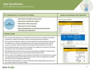 Data Classification
Service Offerings and Sample Deliverables
28
• Do not permit data gaps to go unresolved since they will require changes to the logical
and physical models and may even require revisiting project success factors.
• Ensure the level of detail is sufficient to help enable the next phase (Build) to take place.
The difficulty is to strike the right balance and not to get to the build level but at the
same time to define sufficient detail (“all thinking should be finished at this stage”)
• Well-established designs, tools and technologies are suitable and innovations should be
analyzed for risks and architecture components.
• Data Management and Governance processes expand beyond MDM to include all data
types (structured/unstructured, internal/external) and flows of data.
• Process and/or technology led transformations should take into consideration the impact
on supporting operating model. Organizational issues need to be addressed in parallel
with process and technology considerations.
• Information flow lead time is a critical consideration when designing the processes as it
has a direct impact on decision making
SAMPLE DELIVERABLES AND TEMPLATES
• Information Compliance Assessment
• Information Classification Matrix
• Information Risk Assessment
• Governance Controls Design
• Data Standardization and Quality (including Data
Cleansing and Integration)
KEY COMPONENTS OF OUR SERVICE OFFERING
LESSONS LEARNT
Data Precedence Matrix
Information Classification Matrix
Data Availability Matrix
Data
Classification
 