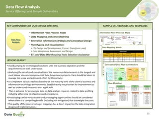Data Flow Analysis
Service Offerings and Sample Deliverables
30
• Avoid jumping to technological solutions until the business objectives and the
requirements are well understood.
• Analyzing the details and complexities of the numerous data elements is the longest and
most labour intensive component of Data Governance projects. Care should be taken to
manage the scope and estimated effort for this activity.
• It is important to use a realistic baseline of the maturity level of the client’s business and
information technology environments. Establish early the priorities for improvement as
well as understand the constraints applicable.
• Plan in advance for any sample data or data analysis requests related to data profiling
including adherence to all policies and procedures.
• Prototyping can be very valuable and prototyping opportunities should be considered
where there is a compelling benefit (including risk mitigation) that outweighs the costs.
• The quality of the source-to-target mappings has a direct impact on the data integration
design and implementation..
SAMPLE DELIVERABLES AND TEMPLATES
• Information Flow Process Maps
• Data Mapping and Data Modeling
• Enterprise Information Strategy and Conceptual Design
• Prototyping and Visualization:
• ETL Design and Development (Extract Transform Load)
• Data Warehouse Assessment and Design
• ETL and Data Warehousing Tools Selection Assistance
KEY COMPONENTS OF OUR SERVICE OFFERING
LESSONS LEARNT
Information Flow Process Maps
Data Mapping Matrix
Conceptual Data Flow Architecture
Internalsourcesystems
Eclipse
Elgar
BUKS
I90
Investment
products
Extract
Extract
Extract
Extract
Extract
Maxim
iser
Extract
Great
Plains
Extract
Landing Zone
Landing
Disk Area
Staging Area
Surrogate key
assignment
Data Quality
Checks
Validation &
Reconciliation
Change
capture
Business
rules
Sanity
checks
Archival &
Retention
Backup
Archive Backup
Staging
Data Warehouse
Databases
Archival &
Retention
Backup
Archive Backup
Reporting Structure 1
Reporting Structure n
.
.
.
Loading
(DW)
Loading
(RS)
Applications
(BI, Ad-Hoc
Querying,
etc.)
Reporting
Ad-hoc
queries
Reporting
1
Reporting
n
Reports
.
.
.
Extracting
Data Modeling
Data Flow
Analysis
 