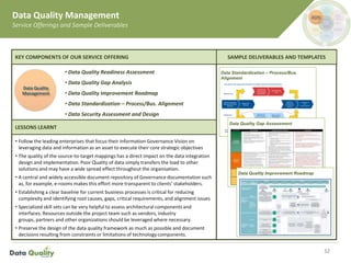 Data Quality Management
Service Offerings and Sample Deliverables
32
• Follow the leading enterprises that focus their Information Governance Vision on
leveraging data and information as an asset to execute their core strategic objectives
• The quality of the source-to-target mappings has a direct impact on the data integration
design and implementation. Poor Quality of data simply transfers the load to other
solutions and may have a wide spread effect throughout the organisation.
• A central and widely accessible document repository of Governance documentation such
as, for example, e-rooms makes this effort more transparent to clients’ stakeholders.
• Establishing a clear baseline for current business processes is critical for reducing
complexity and identifying root causes, gaps, critical requirements, and alignment issues
• Specialized skill sets can be very helpful to assess architectural components and
interfaces. Resources outside the project team such as vendors, industry
groups, partners and other organizations should be leveraged where necessary.
• Preserve the design of the data quality framework as much as possible and document
decisions resulting from constraints or limitations of technology components.
SAMPLE DELIVERABLES AND TEMPLATES
• Data Quality Readiness Assessment
• Data Quality Gap Analysis
• Data Quality Improvement Roadmap
• Data Standardization – Process/Bus. Alignment
• Data Security Assessment and Design
KEY COMPONENTS OF OUR SERVICE OFFERING
LESSONS LEARNT
Data Standardization – Process/Bus.
Alignment
A key element of the measurement framework is the linkage of process and business measures.
Mobilise, data gather,
Strategy Map Workshop
preparation
Strategy Map
Workshop
Mobilise, data gather,
Strategy Map Workshop
preparation
Strategy Map
Workshop
CoB Business
and
Process measures
Agree final
Business KPIs
and Performance
Measures
CoB Business
and
Process measures
Agree final
Business KPIs
and Performance
Measures
Document and
confirm the output
from the Strategy Map
Workshop
Refine Process
Performance
Measures
Document and
confirm the output
from the Strategy Map
Workshop
Refine Process
Performance
Measures
Business Lens
Process Lens
The aim is to take strategy maps and work with the Streamline process teams to align process outcomes and measurement to
those strategy maps
Document and
confirm the output
from the Strategy
Map Workshop
Refine Business
KPIs
Document and
confirm the output
from the Strategy
Map Workshop
Refine Business
KPIs
Data Quality Gap Assessment
Data Quality Improvement Roadmap
Data Quality
Management
 
