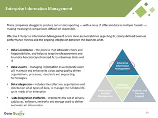 Enterprise Information Management
39
Enterprise
Information
Management
Performance
and Risk
Management
BUSINESS
INTELLIGENCE
Analytics and
Decision
Support
• Data Governance – the process that articulates Roles and
Responsibilities, and helps to keep the Measurement and
Analytics Function Synchronized Across Business Units and
IT
• Data Quality – managing information as a corporate asset
will maintain and enhance its value, using quality-driven
organizations, processes, standards and supporting
technologies
• Data Integration – includes the collection, organization and
distribution of all types of data, to manage the full data life-
cycle needs of an enterprise
• Data Integration Platforms – represents the set of servers,
databases, software, networks and storage used to deliver
and maintain information
Many companies struggle to produce consistent reporting — with a mass of different data in multiple formats —
making meaningful comparisons difficult or impossible.
Effective Enterprise Information Management drives clear accountabilities regarding BI; clearly defined business
performance metrics and the ongoing integration between the business units.
 