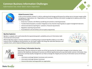 Common Business Information Challenges
Information has never been more important
43
[
Global Economic Crisis:
In the current economic climate it is vital to understand and manage performance by cutting costs to increase margins while
managing your organisations risk. Organisations are focusing on effective information management to address some of the
following challenges:
o Know Your Customer, Anti-Money Laundering and sanctions screening processes
o Transformational projects or product integration across channels requiring data to support management decisions
o Internal and external reporting for customers / financial requirements
o Regulatory reporting requirements
o Fraud detection and anti-bribery and corruption programmes
Big Data Explosion:
Big data is a popular term used to describe the exponential growth, availability and use of information, both
structured and unstructured.
Effective Big Data analysis is the key component in providing Unique Customer Benefits (UCBs) as it can offer a
treasure trove of intelligence that businesses can use to gain insights into things like subscriber behaviour and
customer churn, and to improve billing accuracy and service quality.
Data Privacy / Information Security:
Data privacy / Security continues to remain one of the top priorities for information managers across industries. Some
industries like Healthcare, Banking and Insurance are effected significantly by the way they handle customer information. Data
Governance and Data Quality management can help to manage the integrity and security of information across all interfaces
including:
o Information exchange between businesses and customers.
o Information exchange between businesses
o Internal information exchange within an organisation.
 