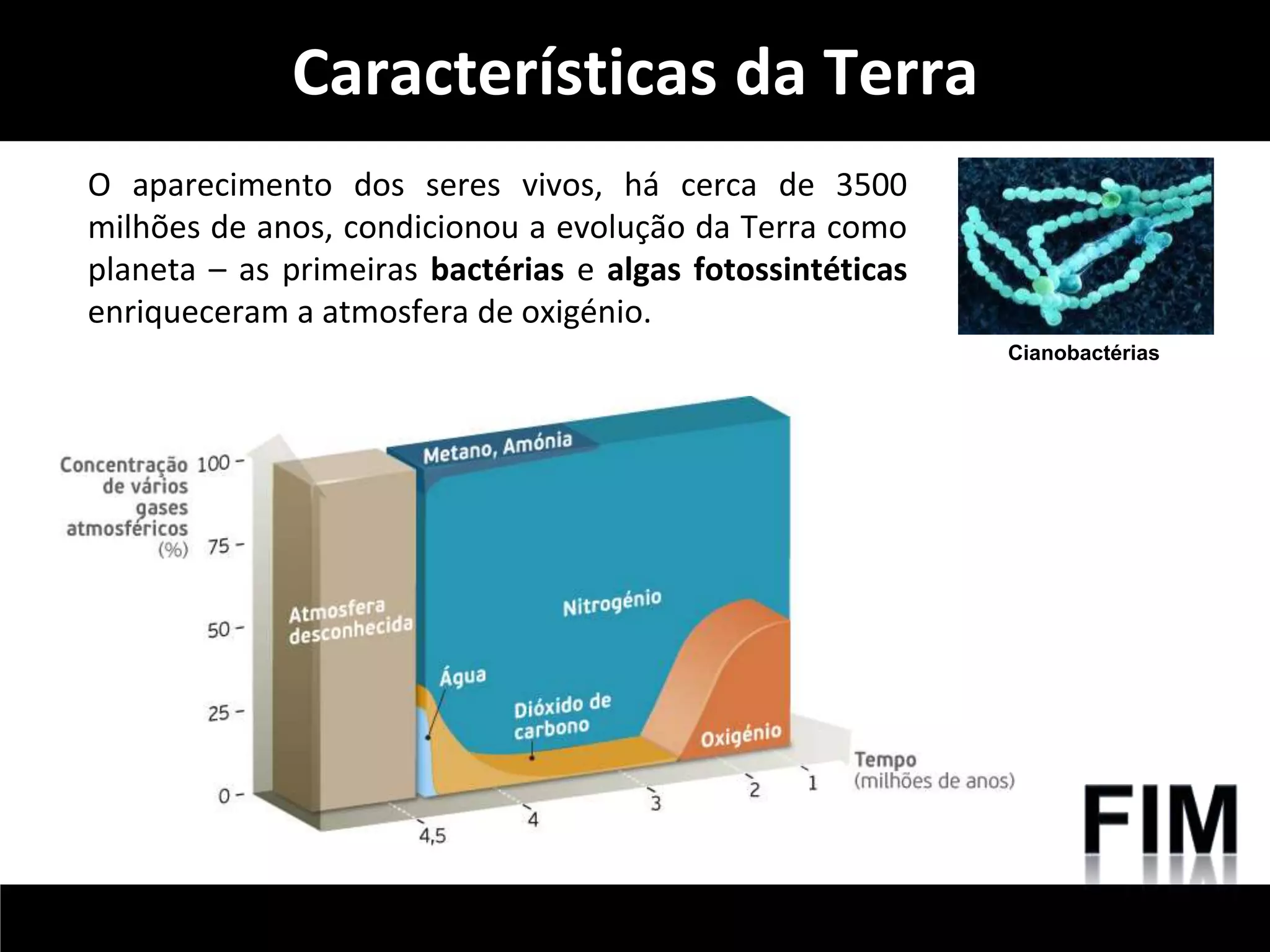 O aparecimento dos seres vivos, há cerca de 3500 
milhões de anos, condicionou a evolução da Terra como 
planeta – as primeiras bactérias e algas fotossintéticas 
enriqueceram a atmosfera de oxigénio. 
Cianobactérias 
Características da Terra 
