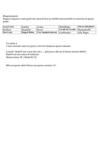 Ringraziamenti:
Ragazzi ringrazio a tutti quelli che senza di loro nn sarebbe stato possibile la creazione di questa
guida:
BAKÜNIN Kàlidor Avatar MaNdRaKe STEALTHGHOST
Raulken BrigaDist Raven Cavallo de Cavallis MasterdreaM
DawCreek Ragged Robin Crew Spaghetti phreak Cookbooker Jolly Roger
Un saluto a:
3 miei carissimi amici ke grazie a loro ho intrapreso questo manuale:
LucienF (hehe non si puo dire chi e… però posso dire ke lo kiamo maestro ihih)
RadoN (un mio amico di infanzia)
Marino Sumo (W i Blink182 )
Beh con questi saluti finisco con questa versione 1.0 .
 