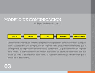U
m
b
e
r
t
o
E
c
o
y
e
l
p
r
o
c
e
s
o
d
e
c
o
m
u
n
i
c
a
c
i
ó
n
.
O
m
a
r
C
a
l
a
b
r
e
s
e
(
N
e
o
b
a
r
r
o
c
o
)
.
03
FUENTE EMISOR CANAL MENSAJE DESTINATARIO
MODELO DE COMUNICACIÓN
(El Signo. Umberto Eco, 1977)
Este esquema reproduce en forma simplificada los procesos comunicativos de cualquier
clase. Supongamos, por ejemplo, que en Filipinas se ha producido un terremoto y que el
corresponsal de un periódico envía la noticia por teletipo. Lo que ha ocurrido en Filipinas
es la fuente, el corresponsal es el emisor, el sistema de escritura electrónica con sus
ondas de radio o de televisión es el canal, la noticia es el mensaje y el redactor que la
recibe es el destinatario.
 