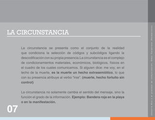 U
m
b
e
r
t
o
E
c
o
y
e
l
p
r
o
c
e
s
o
d
e
c
o
m
u
n
i
c
a
c
i
ó
n
.
O
m
a
r
C
a
l
a
b
r
e
s
e
(
N
e
o
b
a
r
r
o
c
o
)
.
LA CIRCUNSTANCIA
La circunstancia se presenta como el conjunto de la realidad
que condiciona la selección de códigos y subcódigos ligando la
descodificación con su propia presencia.La circunstancia es el complejo
de condicionamientos materiales, económicos, biológicos, físicos en
el cuadro de los cuales comunicamos. Si alguien dice: me voy, en el
lecho de la muerte, es la muerte un hecho extrasemiótico, lo que
con su presencia atribuye al verbo “irse”. (muerte, hecho fortuito sin
control)
La circunstancia no solamente cambia el sentido del mensaje, sino la
función el grado de la información. Ejemplo: Bandera roja en la playa
o en la manifestación.
07
 