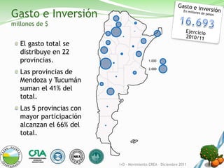 Gasto e Inversión
millones de $


   El gasto total se
   distribuye en 22
   provincias.                            1.000

                                          2.000
   Las provincias de
   Mendoza y Tucumán
   suman el 41% del
   total.
   Las 5 provincias con
   mayor participación
   alcanzan el 66% del
   total.



                          I+D - Movimiento CREA – Diciembre 2011
 
