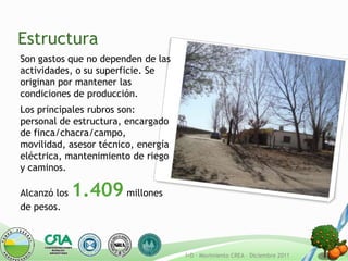 Estructura
Son gastos que no dependen de las
actividades, o su superficie. Se
originan por mantener las
condiciones de producción.
Los principales rubros son:
personal de estructura, encargado
de finca/chacra/campo,
movilidad, asesor técnico, energía
eléctrica, mantenimiento de riego
y caminos.

Alcanzó los   1.409 millones
de pesos.



                                     I+D - Movimiento CREA – Diciembre 2011
 