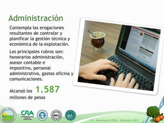 Administración
Contempla las erogaciones
resultantes de controlar y
planificar la gestión técnica y
económica de la explotación.
Los principales rubros son:
honorarios administración,
asesor contable e
impositivo, personal
administrativo, gastos oficina y
comunicaciones.

Alcanzó los  1.587
millones de pesos



                                   I+D - Movimiento CREA – Diciembre 2011
 