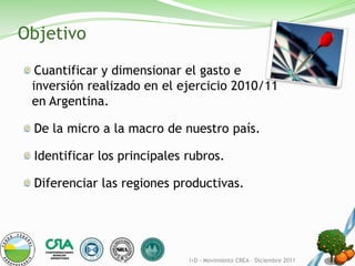 Objetivo
  Cuantificar y dimensionar el gasto e
 inversión realizado en el ejercicio 2010/11
 en Argentina.

 De la micro a la macro de nuestro país.

 Identificar los principales rubros.

 Diferenciar las regiones productivas.




                             I+D - Movimiento CREA – Diciembre 2011
 