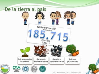 De la tierra al país




      Cultivos anuales     Ganadería         Ganadería           Cultivos
        extensivos       bovina de carne   bovina de leche     plurianuales




                                             I+D - Movimiento CREA – Diciembre 2011
 