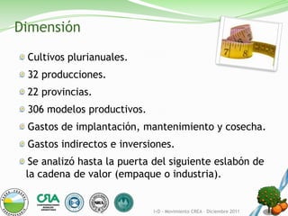 Dimensión
 Cultivos plurianuales.
 32 producciones.
 22 provincias.
 306 modelos productivos.
 Gastos de implantación, mantenimiento y cosecha.
 Gastos indirectos e inversiones.
  Se analizó hasta la puerta del siguiente eslabón de
 la cadena de valor (empaque o industria).


                            I+D - Movimiento CREA – Diciembre 2011
 