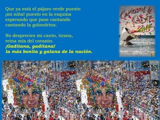 Que ya está el pájaro verde puesto
¡mi niña! puesto en la esquina
esperando que pase cantando
cantando la golondrina.
No desprecies mi canto, tirana,
reina mía del corazón.
¡Gaditana, gaditana!
la más bonita y galana de la nación.
 