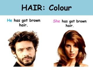 HAIR: Colour
He has got brown
hair.
She has got brown
hair.
 