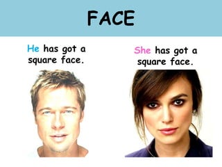 FACE
He has got a
square face.
She has got a
square face.
 