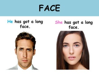 FACE
He has got a long
face.
She has got a long
face.
 