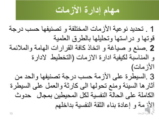 ‫األزمات‬ ‫إدارة‬ ‫مهام‬
‫االزمات‬ ‫ادارة‬
13
1
.
‫حسب‬ ‫تصنيفها‬ ‫و‬ ‫المختلفة‬ ‫األزمات‬ ‫نوعية‬ ‫تحديد‬
‫درجة‬
‫بالطرق‬ ‫وتحليلها‬ ‫دراستها‬ ‫و‬ ‫قوتها‬
‫العلمية‬
2
.
‫والمالئ‬ ‫الهامة‬ ‫القرارات‬ ‫كافة‬ ‫اتخاذ‬ ‫و‬ ‫صياغة‬ ‫و‬ ‫صنع‬
‫مة‬
‫االزمات‬ ‫ادارة‬ ‫لكيفية‬ ‫المناسبة‬ ‫و‬
(
‫التخطيط‬
‫الدارة‬
‫األزمات‬
)
3
.
‫من‬ ‫والحد‬ ‫تصنيفها‬ ‫درجة‬ ‫حسب‬ ‫األزمة‬ ‫على‬ ‫السيطرة‬
‫السيئة‬ ‫آثارها‬
‫ومنع‬
‫كارثة‬ ‫الى‬ ‫تحولها‬
‫والعمل‬
‫السيطرة‬ ‫على‬
‫بمجال‬ ‫المحيطين‬ ‫لكل‬ ‫النفسية‬ ‫الحالة‬ ‫على‬ ‫الكاملة‬
‫حدوث‬
‫بداخلهم‬ ‫النفسية‬ ‫الثقة‬ ‫بناء‬ ‫إعادة‬ ‫و‬ ‫األزمة‬
 