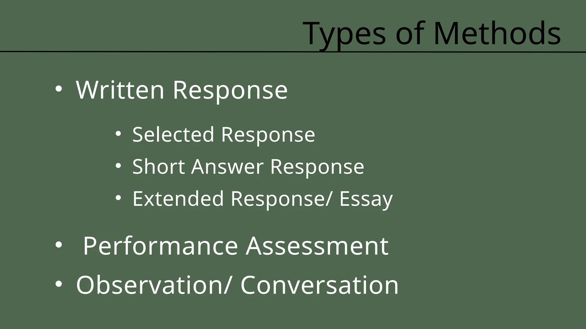 Different methods of assessment, the various types of learning targets ...