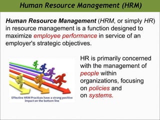 Human Resource Management (HRM, or simply HR)
in resource management is a function designed to
maximize employee performance in service of an
employer's strategic objectives.
HR is primarily concerned
with the management of
people within
organizations, focusing
on policies and
on systems.
Human Resource Management (HRM)
 