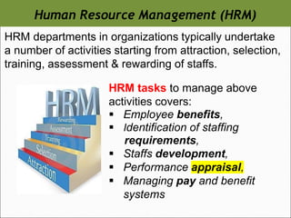 Human Resource Management (HRM)
HRM departments in organizations typically undertake
a number of activities starting from attraction, selection,
training, assessment & rewarding of staffs.
HRM tasks to manage above
activities covers:
▪ Employee benefits,
▪ Identification of staffing
requirements,
▪ Staffs development,
▪ Performance appraisal,
▪ Managing pay and benefit
systems
 
