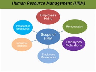 Human Resource Management (HRM)
Scope of
HRM
Employees
Hiring
Remuneration
Employees
Motivations
Employees
Maintenance
Industrial
Relation
Prospect of
Employees
 
