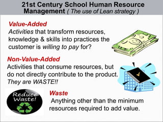 21st Century School Human Resource
Management ( The use of Lean strategy )
Value-Added
Activities that transform resources,
knowledge & skills into practices the
customer is willing to pay for?
Non-Value-Added
Activities that consume resources, but
do not directly contribute to the product.
They are WASTE!!
Waste
Anything other than the minimum
resources required to add value.
 