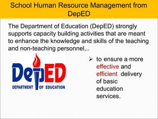 School Human Resource Management from
DepED
The Department of Education (DepED) strongly
supports capacity building activities that are meant
to enhance the knowledge and skills of the teaching
and non-teaching personnel,..
➢ to ensure a more
effective and
efficient delivery
of basic
education
services.
 