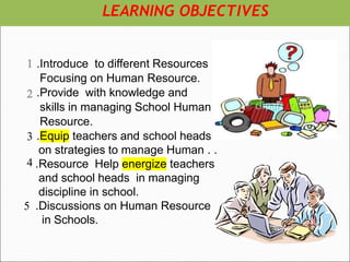 1
2
3
4
5
.Introduce to different Resources
Focusing on Human Resource.
.Provide with knowledge and
skills in managing School Human
Resource.
.Equip teachers and school heads
on strategies to manage Human . .
.Resource Help energize teachers
and school heads in managing
discipline in school.
.Discussions on Human Resource
in Schools.
LEARNING OBJECTIVES
 