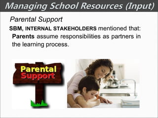 Parental Support
SBM, INTERNAL STAKEHOLDERS mentioned that:
Parents assume responsibilities as partners in
the learning process.
 