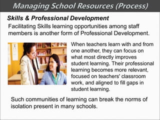 Facilitating Skills learning opportunities among staff
members is another form of Professional Development.
When teachers learn with and from
one another, they can focus on
what most directly improves
student learning. Their professional
learning becomes more relevant,
focused on teachers' classroom
work, and aligned to fill gaps in
student learning.
Such communities of learning can break the norms of
isolation present in many schools.
Skills & Professional Development
 