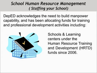 School Human Resource Management
( Staffing your School)
DepED acknowledges the need to build manpower
capability, and has been allocating funds for training
and professional development activities including:
Schools & Learning
centers under the
Human Resource Training
and Development (HRTD)
funds since 2006.
 