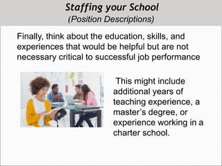 Staffing your School
(Position Descriptions)
Finally, think about the education, skills, and
experiences that would be helpful but are not
necessary critical to successful job performance
This might include
additional years of
teaching experience, a
master’s degree, or
experience working in a
charter school.
 