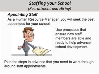 Staffing your School
(Recruitment and Hiring)
Appointing Staff
As a Human Resource Manager, you will seek the best
appointees for your school.
Use processes that
ensure new staff
members are able and
ready to help advance
school development.
Plan the steps in advance that you need to work through
around staff appointments.
 