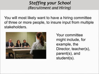 Staffing your School
(Recruitment and Hiring)
You will most likely want to have a hiring committee
of three or more people, to insure input from multiple
stakeholders.
Your committee
might include, for
example, the
Director, teacher(s),
parent(s), and
student(s).
 
