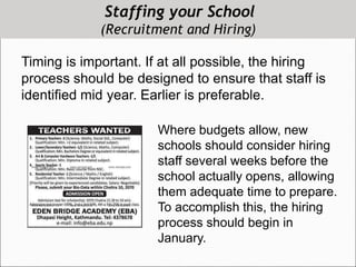 Staffing your School
(Recruitment and Hiring)
Timing is important. If at all possible, the hiring
process should be designed to ensure that staff is
identified mid year. Earlier is preferable.
Where budgets allow, new
schools should consider hiring
staff several weeks before the
school actually opens, allowing
them adequate time to prepare.
To accomplish this, the hiring
process should begin in
January.
 